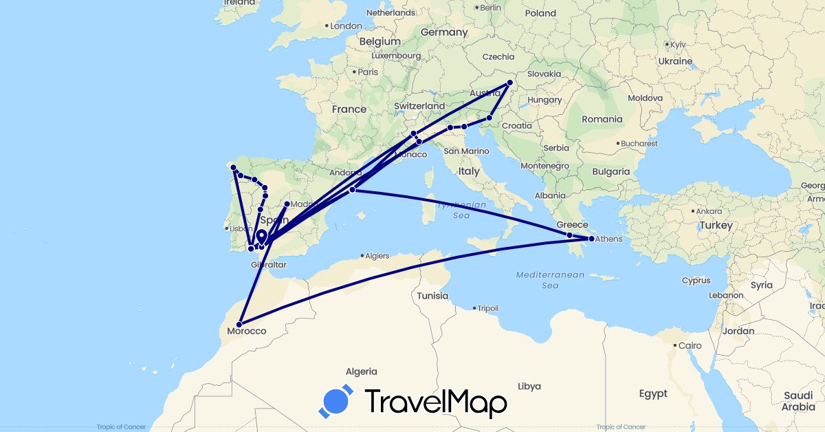 TravelMap itinerary: driving in Austria, Spain, Greece, Italy, Morocco, Slovenia (Africa, Europe)